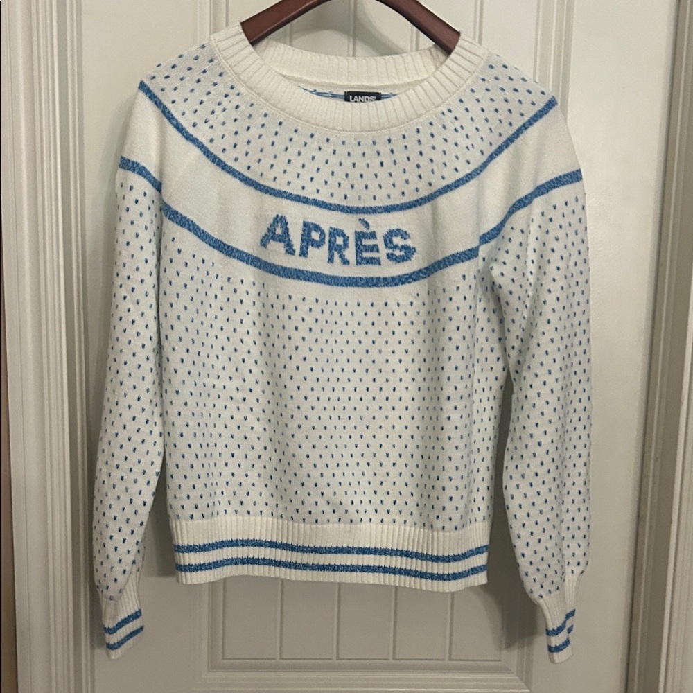 Lands' End White and Light Blue 'APRÈS' Crewneck Sweater M
